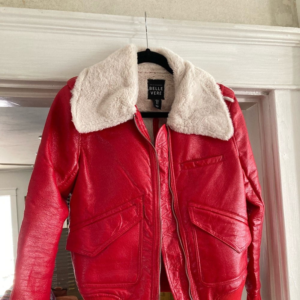 Red faux leather faux fur bomber jacket